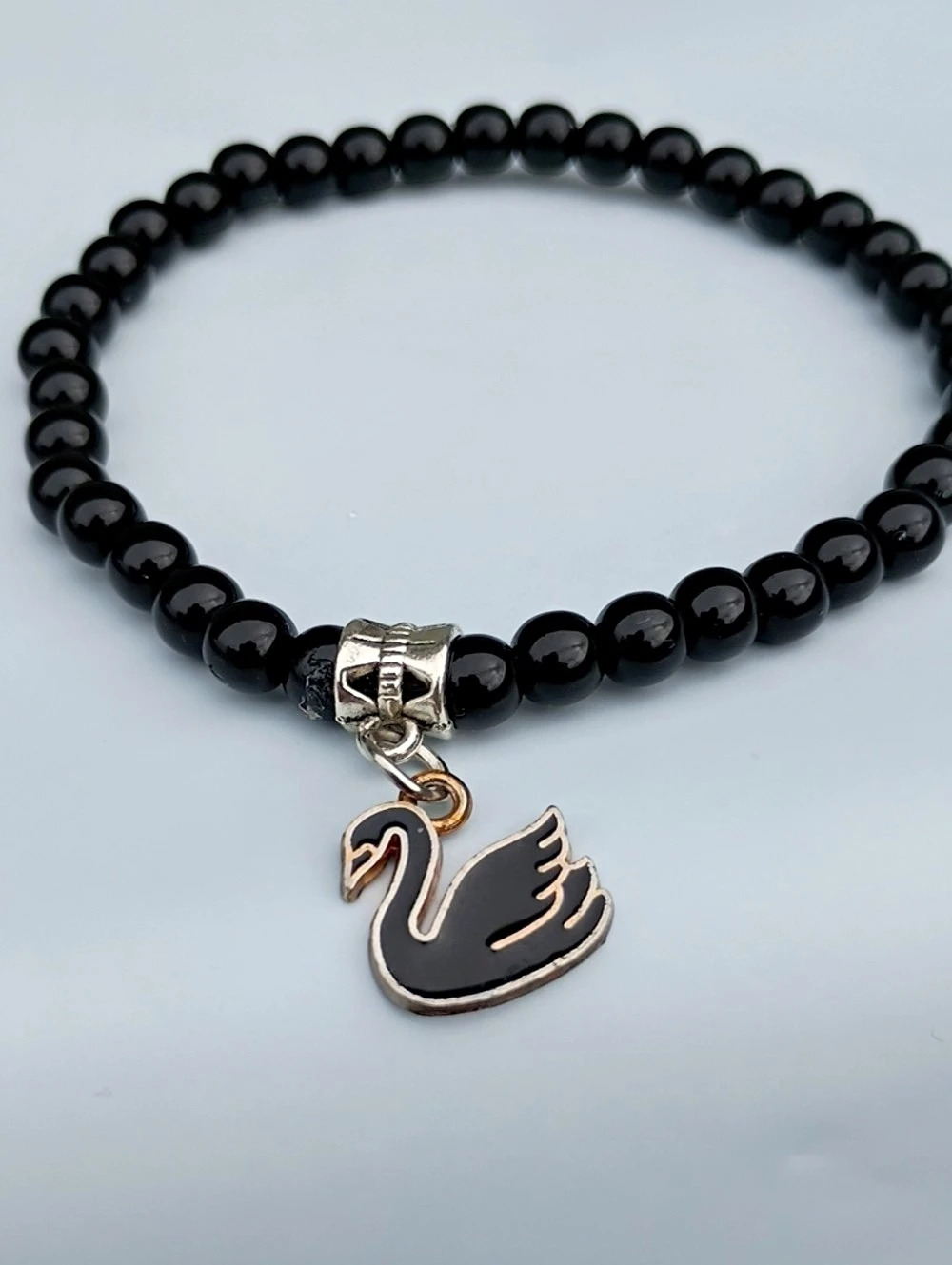 Handcrafted Black Beaded Swan Charm Bracelet Stretch Bracelet